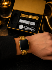 Luxury Gold Smartwatch Gift Set – Touchscreen Watch + Metal Link Band, Silicone Band & Magnetic Charger