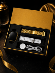 Luxury Gold Smartwatch Gift Set – Touchscreen Watch + Metal Link Band, Silicone Band & Magnetic Charger